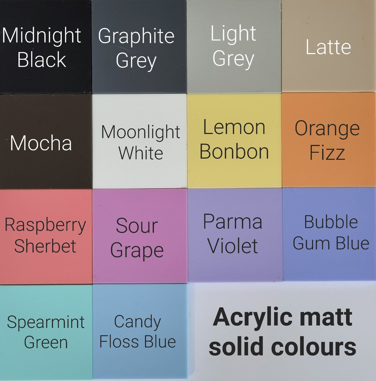 A grid showing 14 matte solid acrylic color options for cake toppers, each labeled with its unique color name.