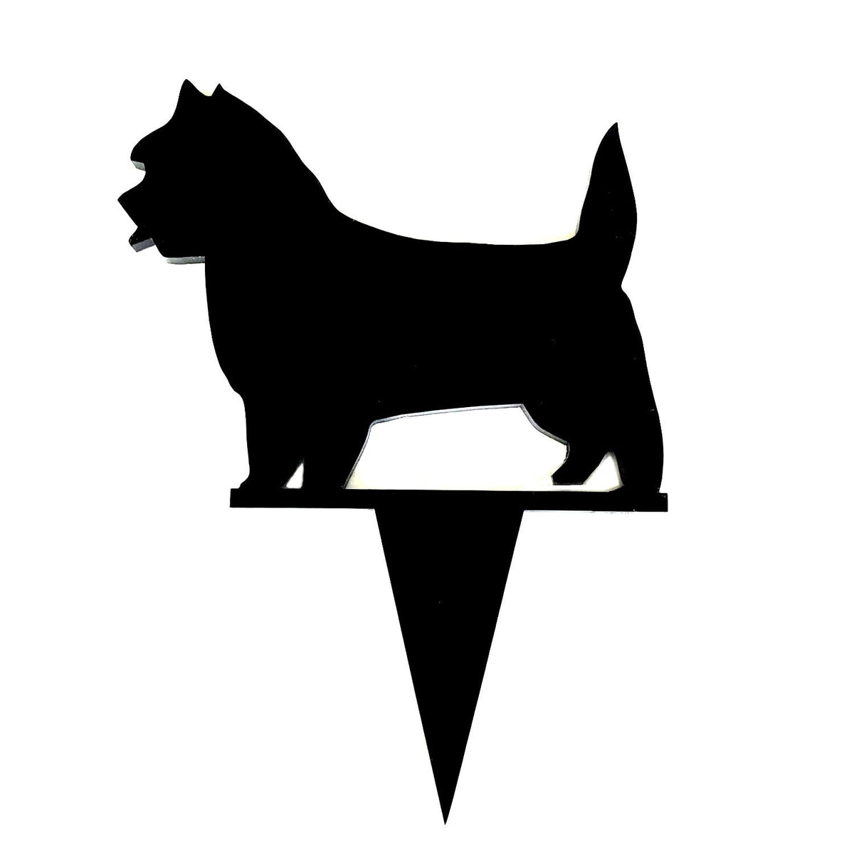 Black acrylic dog-shaped cake topper featuring a Terrier silhouette on a pointed spike, isolated on white.