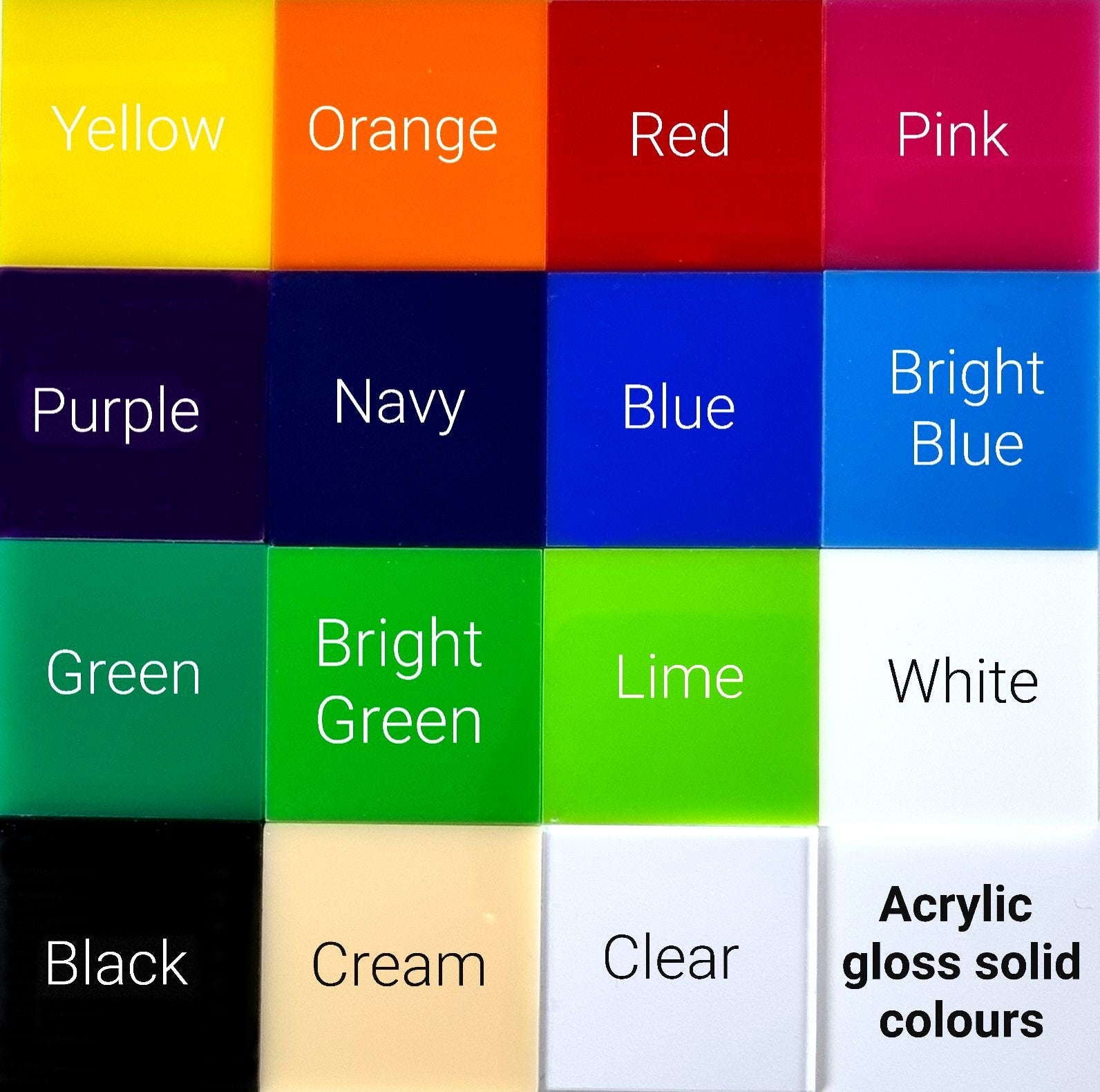 A color swatch chart displaying 16 square samples of solid gloss acrylic in various colors, each labeled with its name.
