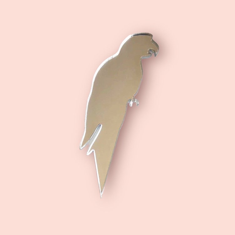 Silver mirror-finish parrot-shaped cake topper by SuperCoolCreations against a soft pink background.