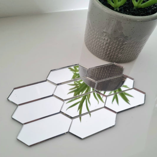 Silver acrylic mirror tiles shaped as elongated hexagons, arranged on a surface with a potted plant.