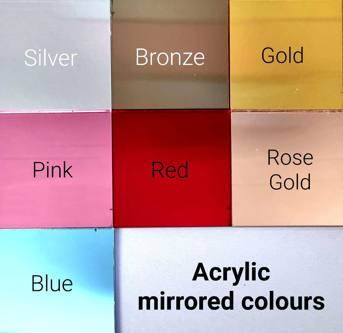 A grid of mirrored acrylic swatches in silver, bronze, gold, pink, red, rose gold, and blue.