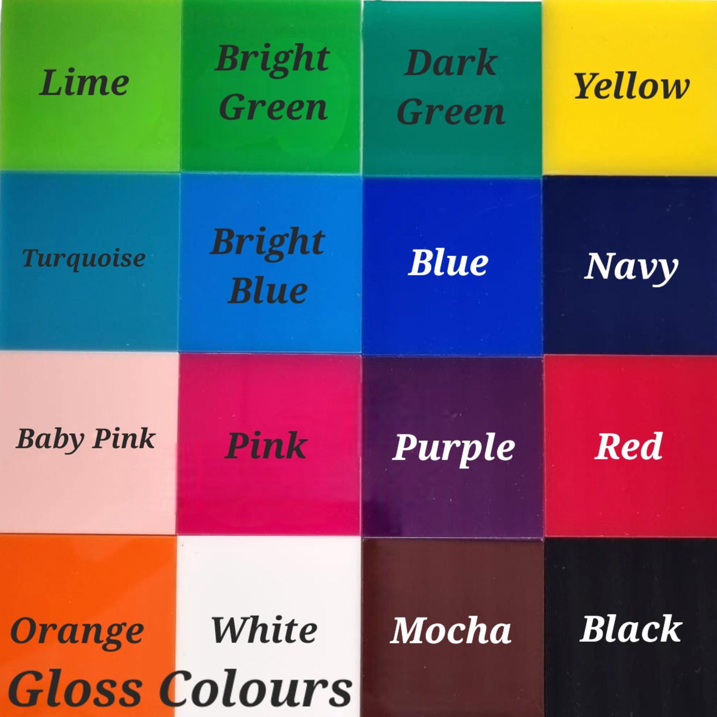 A grid of 16 glossy, colored acrylic swatches for cake toppers, each labeled with its corresponding color name.