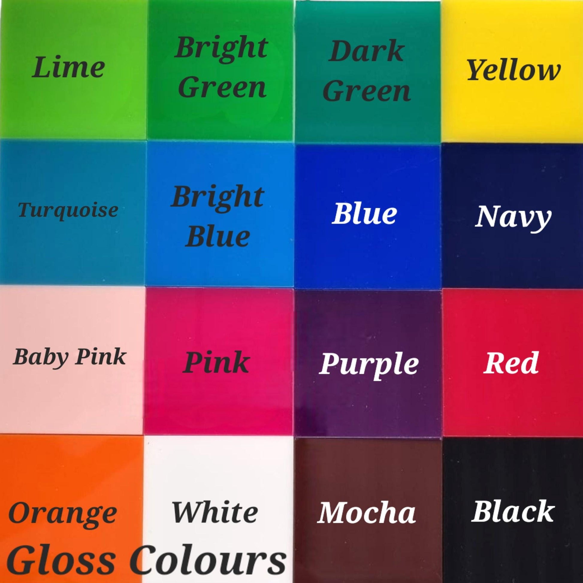 A grid of 16 glossy, colored acrylic swatches for cake toppers, each labeled with its corresponding color name.