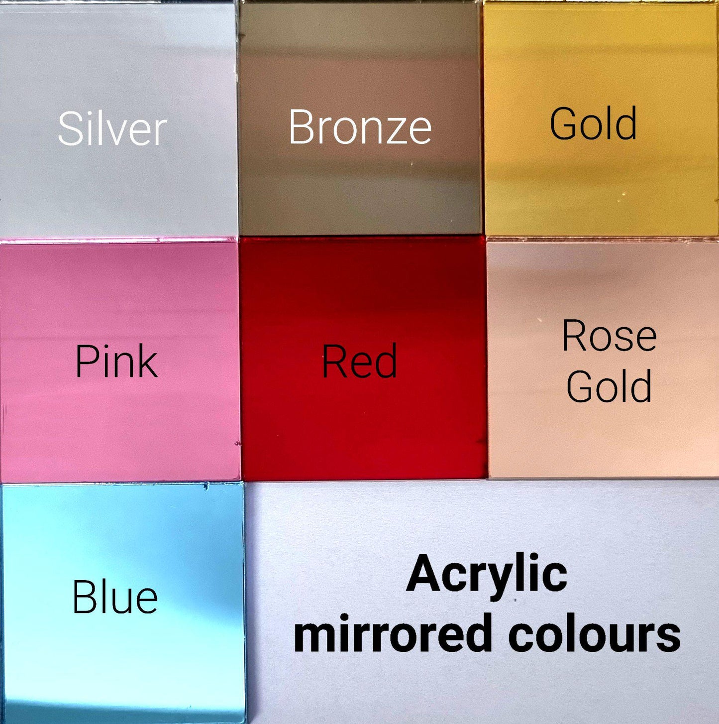 Grid of mirrored acrylic color swatches: silver, bronze, gold, pink, red, rose gold, and blue.