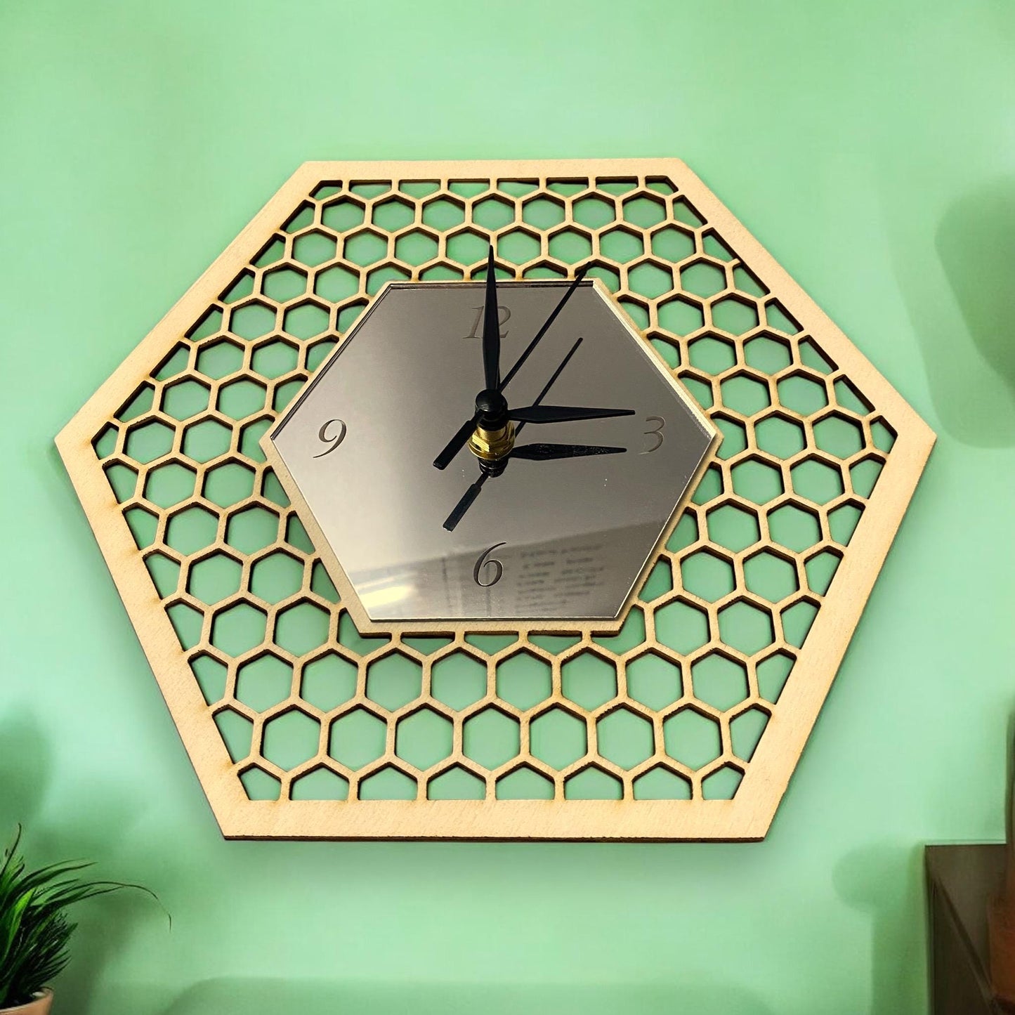 Wooden Honeycomb Clock: Hexagon Bee Hive Decor, Silent Sweep