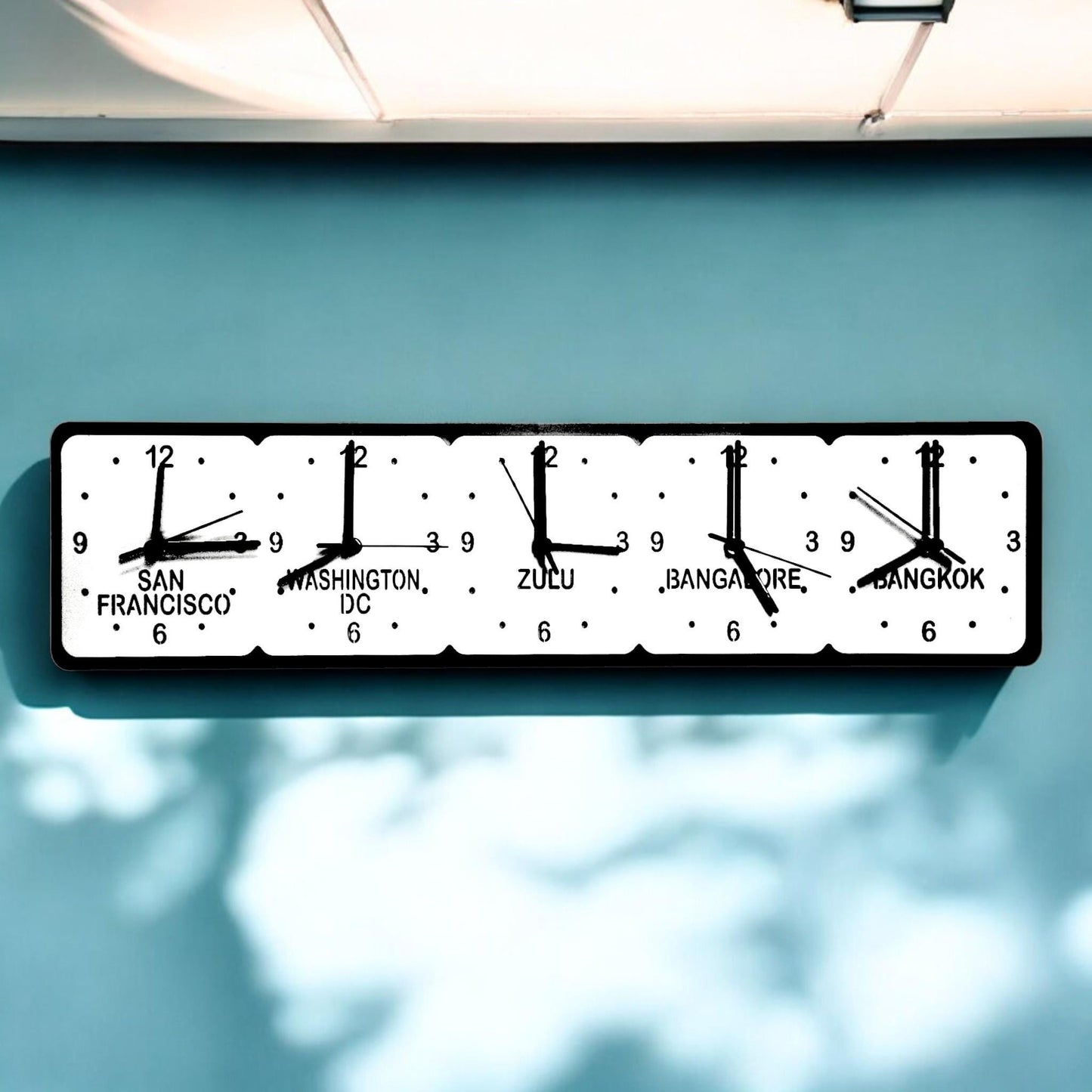Custom Five Time Zone Clock: Black & White Family Name Wall Decor