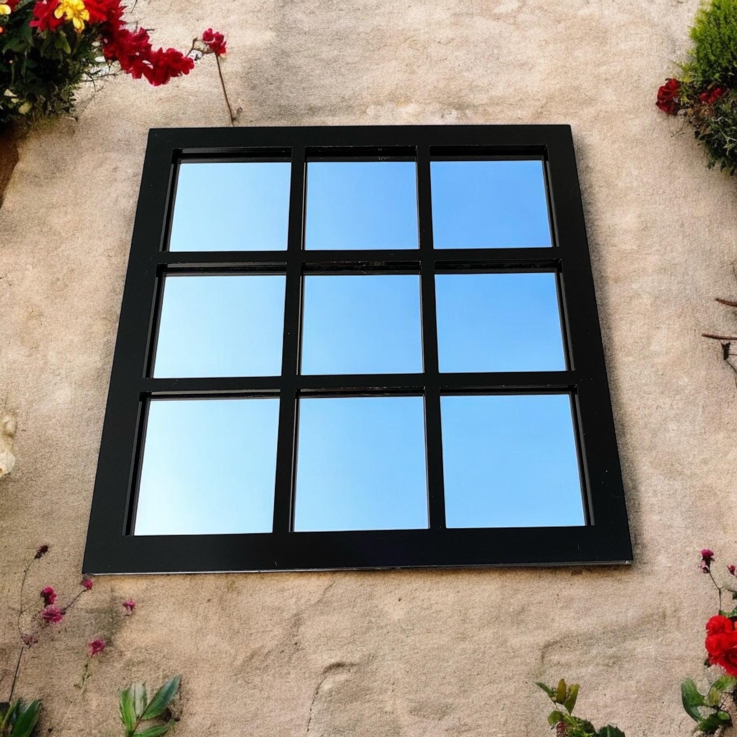 Square 9 panel Black Framed Garden Mirrors, Large Sizes, Engraving Services (Indoor & Outdoor Use)