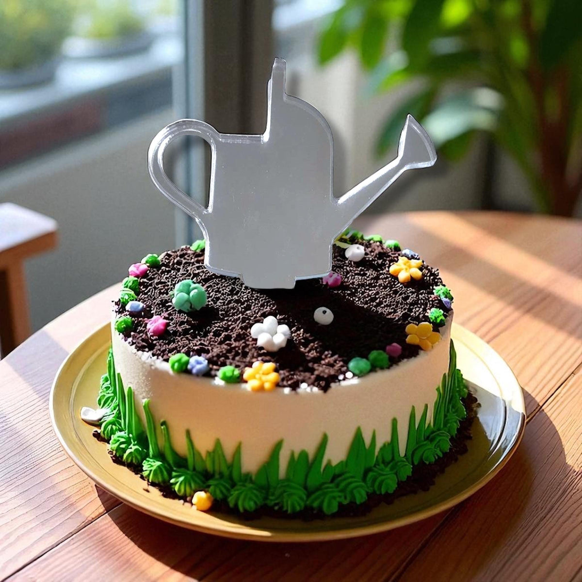 Silver mirror-finish acrylic watering can cake topper placed on a garden-themed cake with soil and flower decorations.