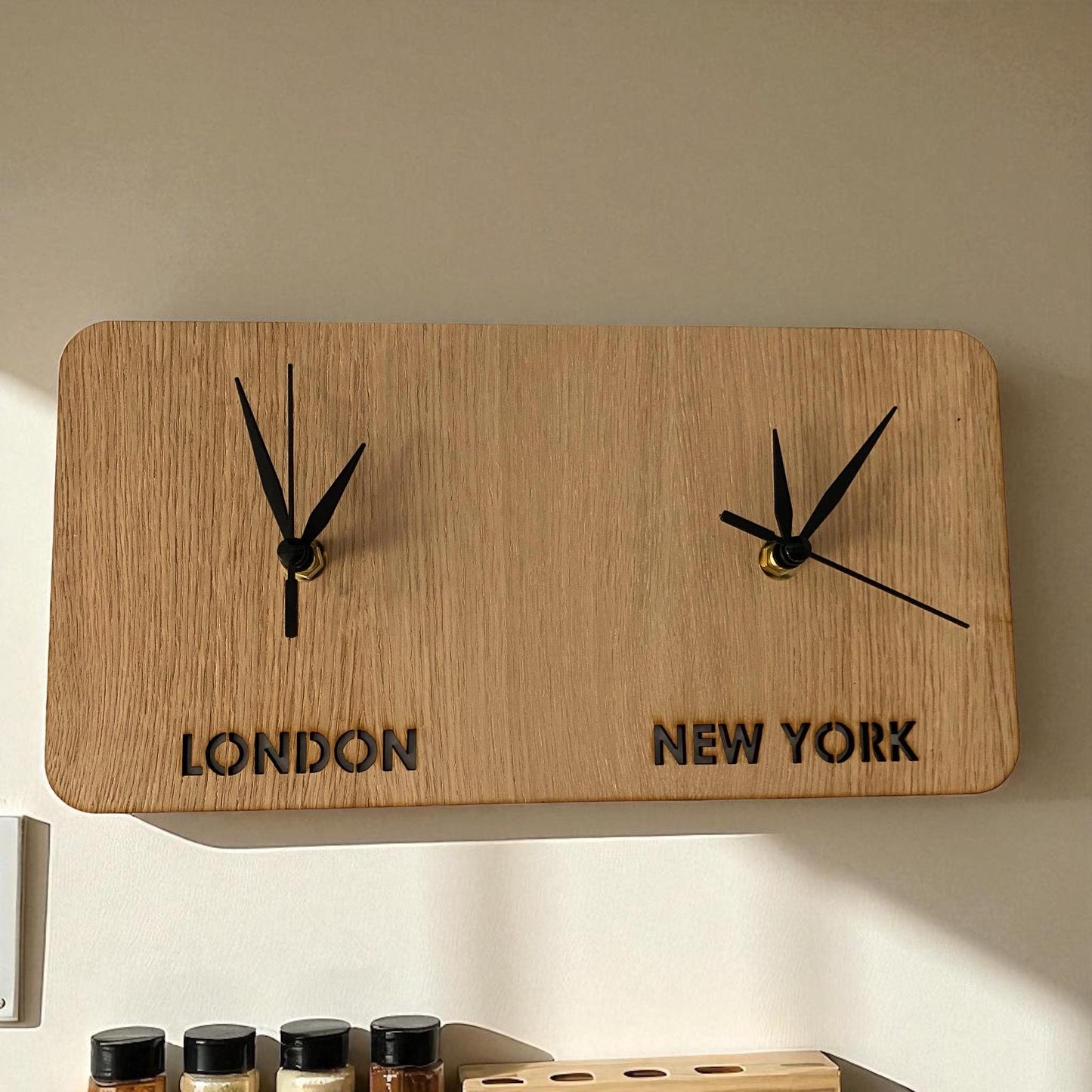 Custom Two Time Zone Clock: Personalized Wood Veneer Desk or Wall Clock