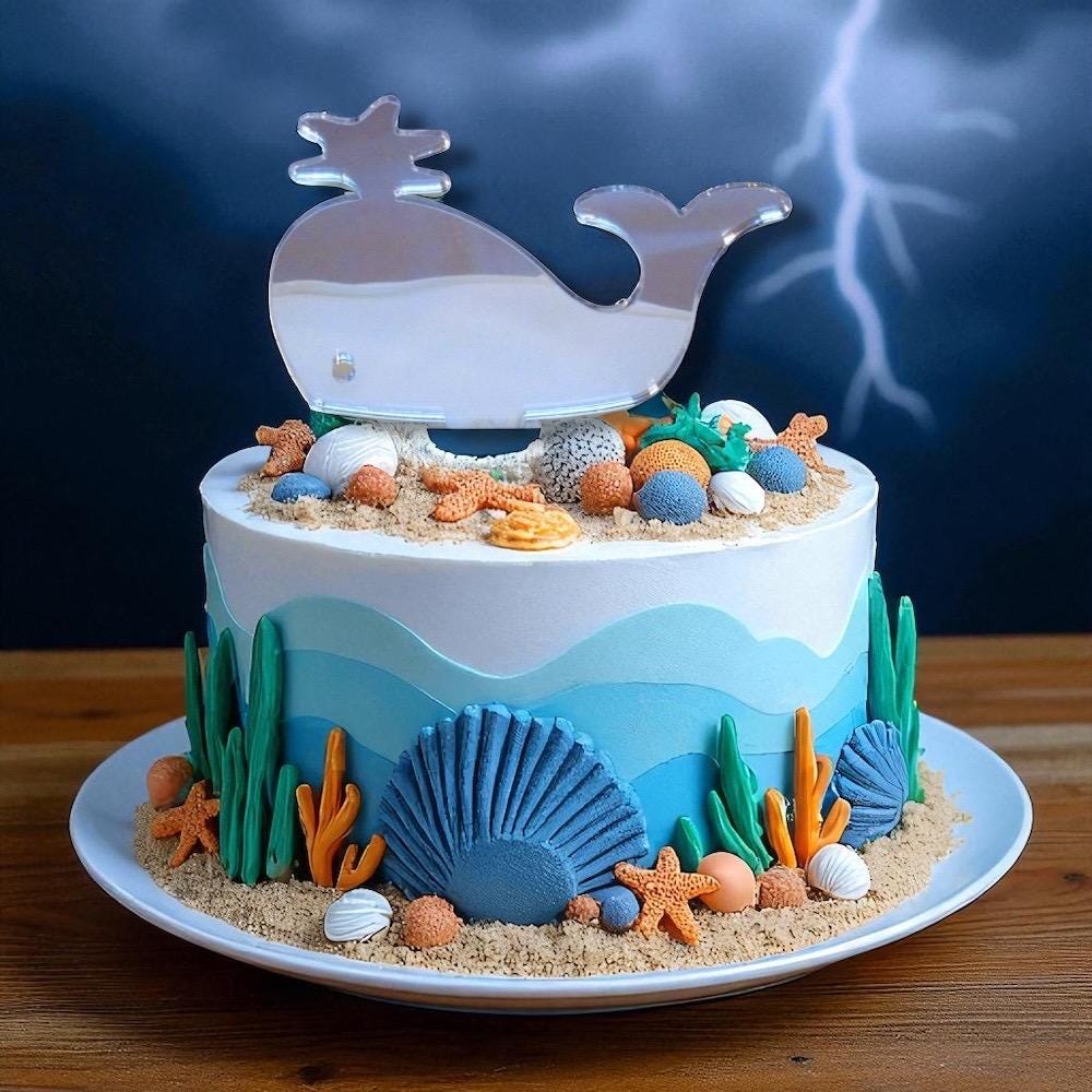 A reflective silver mirror acrylic whale cake topper centered on a beach-themed cake.