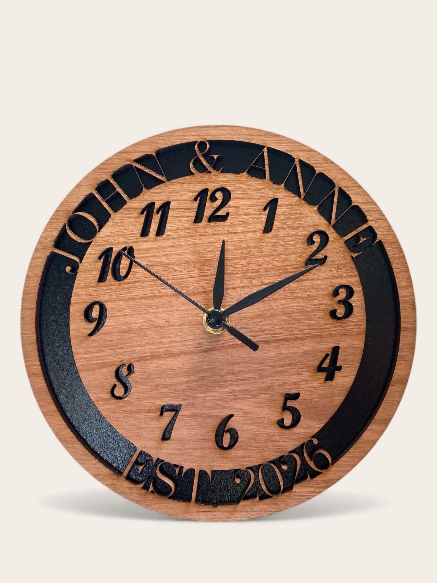 Custom, Wooden Round Clocks,  Silent Sweep, Wedding & Anniversary Names and Dates