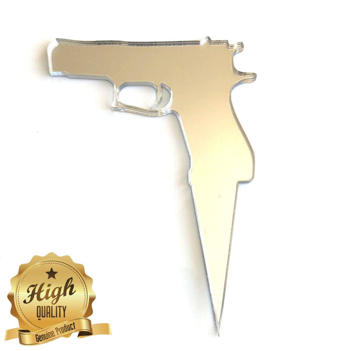 Silver mirrored, gun-shaped acrylic cake topper on a white background. Includes a gold "High Quality" emblem.