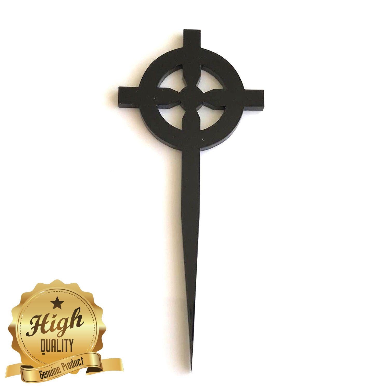 Black matte Celtic cross cake topper with a sharp pointed stake base, shown against a white background.