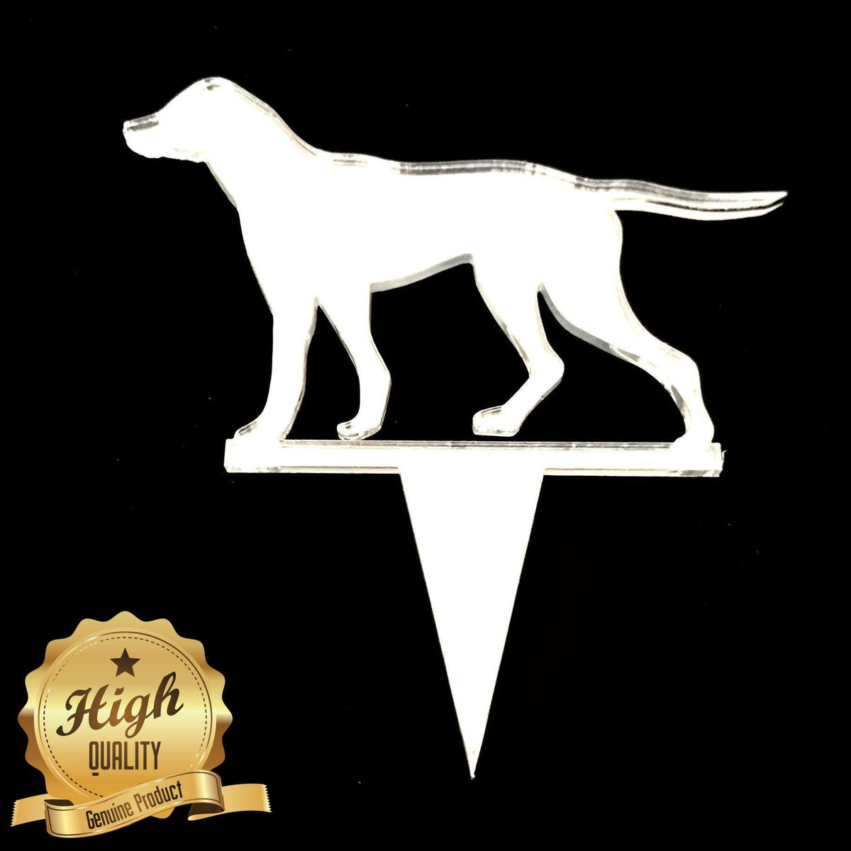 Clear acrylic Pointer dog cake topper silhouette on a black background, with a "High Quality" gold seal in the corner.