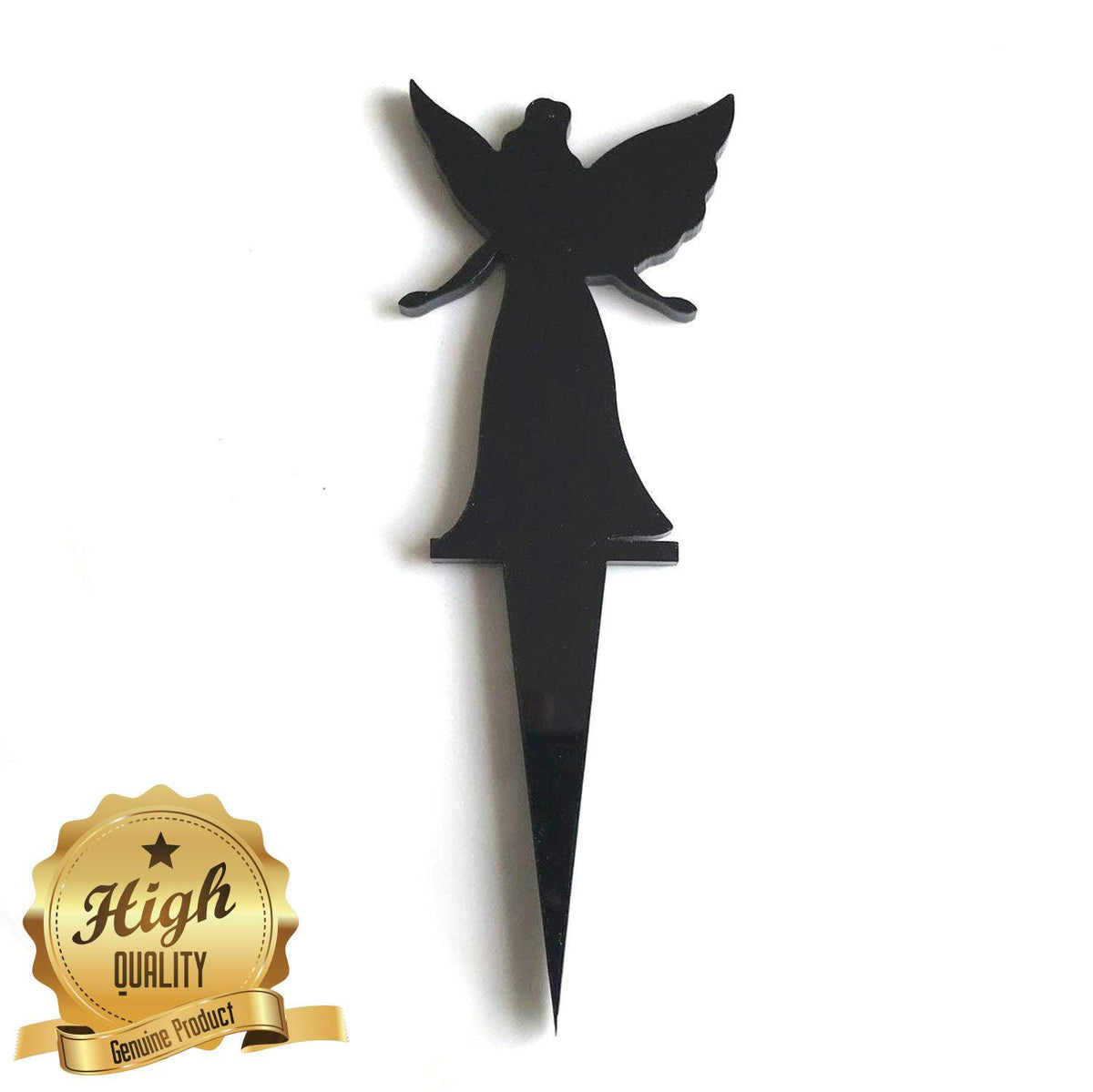 Black acrylic fairy-shaped cake topper with a sharp stake base, displayed on a plain white background.