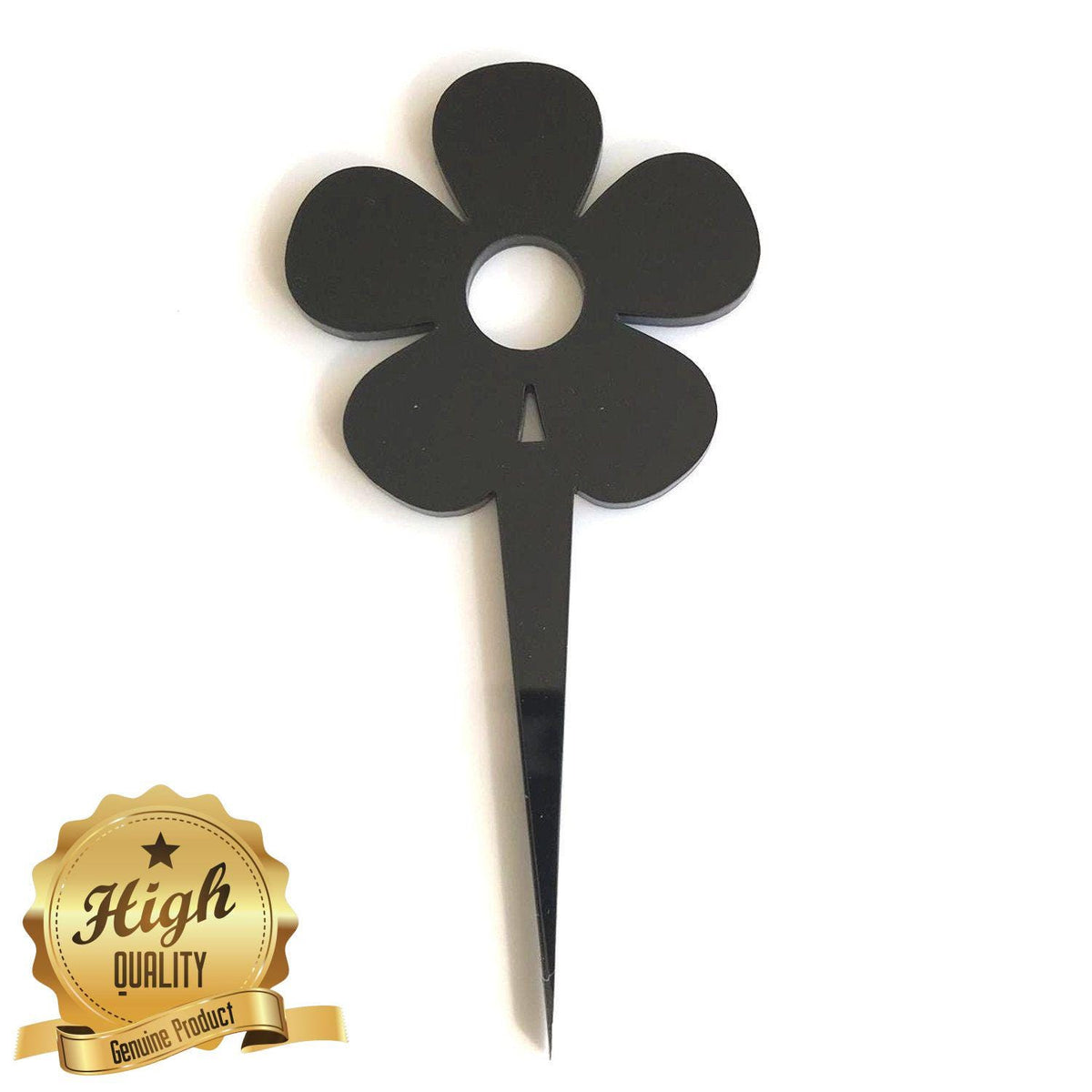 Black recycled acrylic daisy cupcake topper with a pointed stem and center cutout. Gold high-quality product seal.