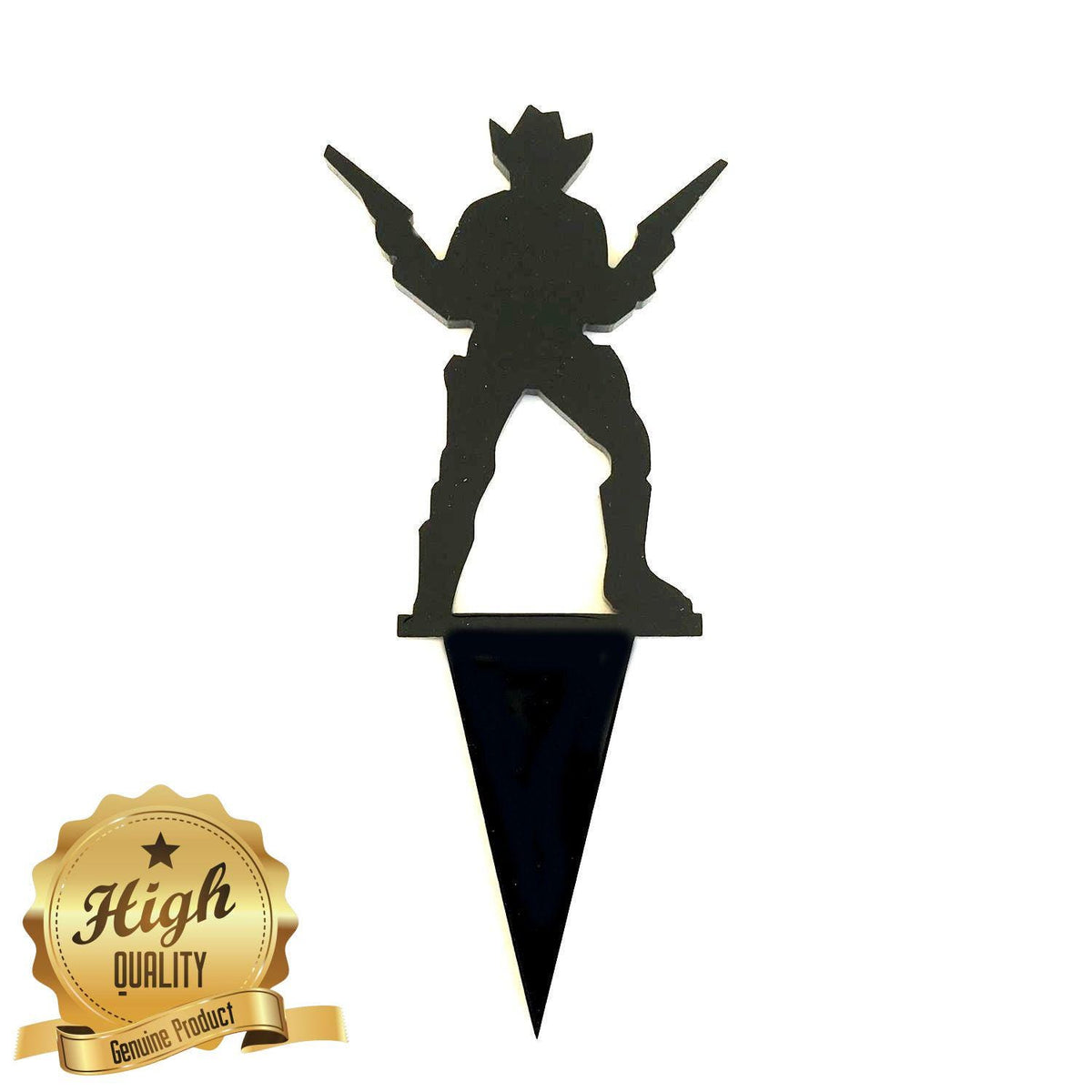Black acrylic silhouette cake topper of a cowboy holding two pistols, mounted on a triangular spike.