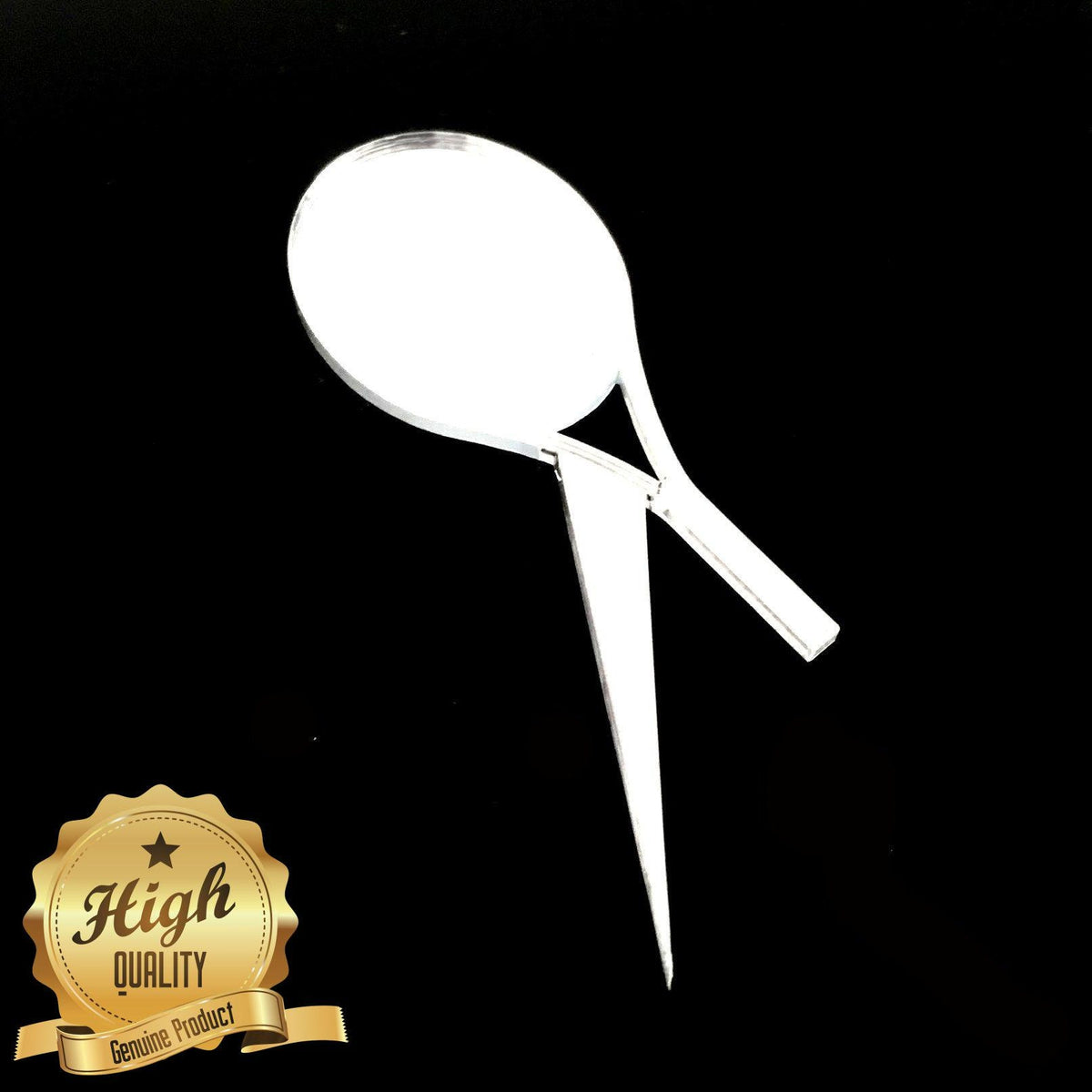 Clear acrylic tennis racket cupcake topper with a pointed stake base, shown against a black background.