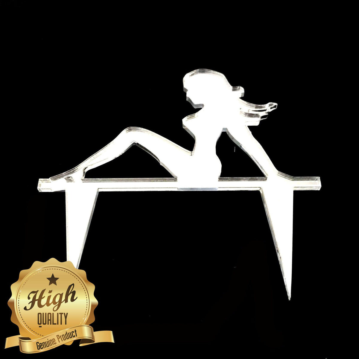 Clear acrylic cake topper featuring a reclining lady silhouette on a bar, with two pointed stakes at the base.