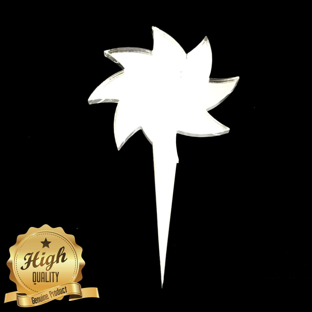 Clear recycled acrylic spiral star cake topper with a pointed stake base, isolated on a black background.
