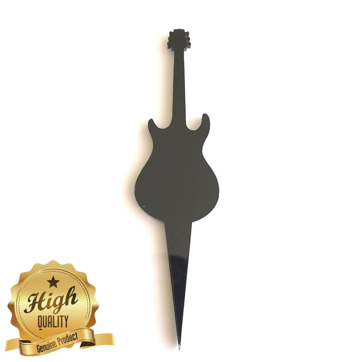 A sleek, black, glossy acrylic cake topper shaped like an electric guitar with a pointed spike at the bottom.