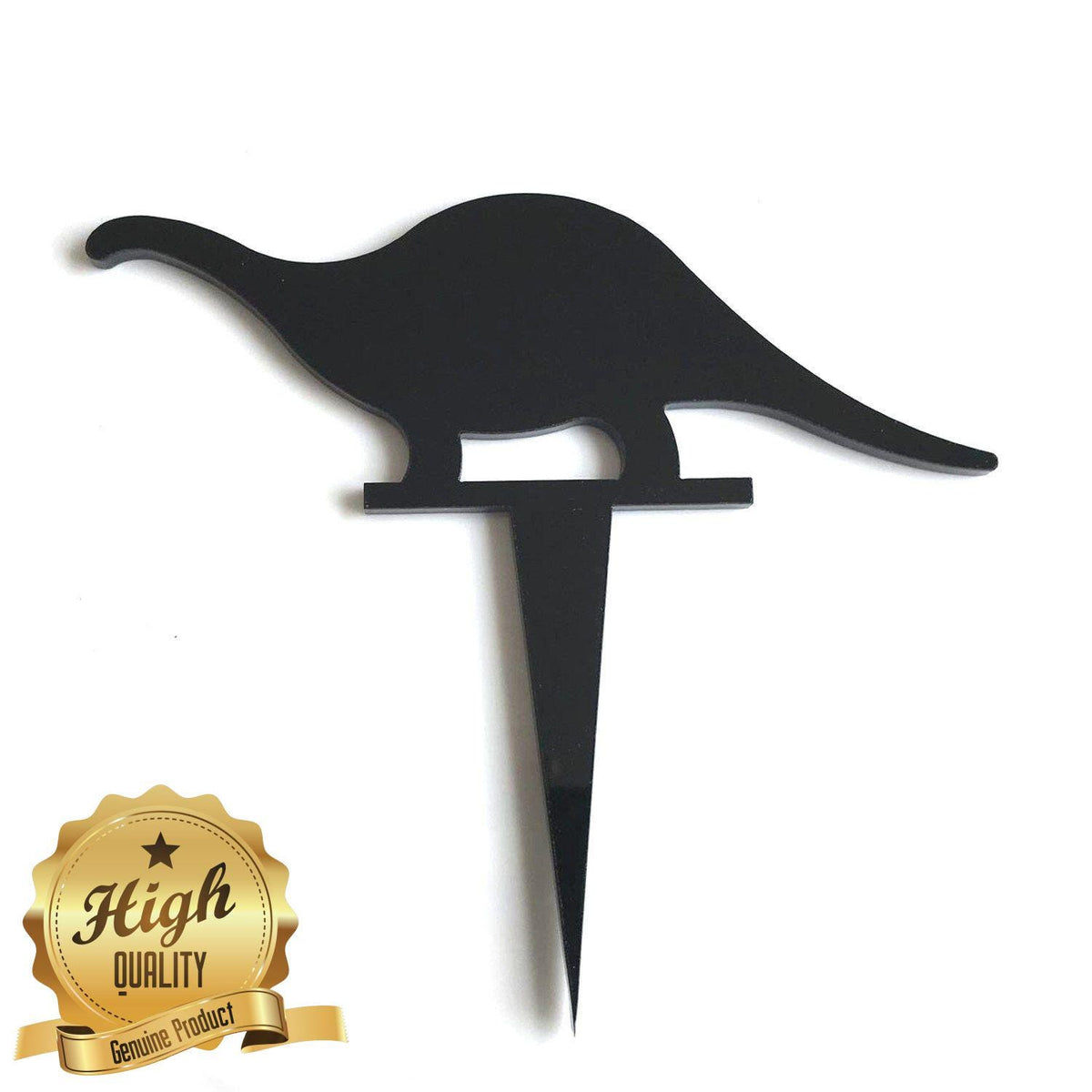 Black, glossy Brontosaurus-shaped cake topper on a single spike, with a gold "High Quality" badge in the corner.
