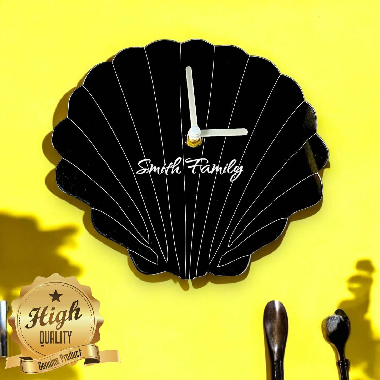 Etched Shell Shaped Clocks - Custom Colours & Woods, Sizes and Personalised Engraving Option