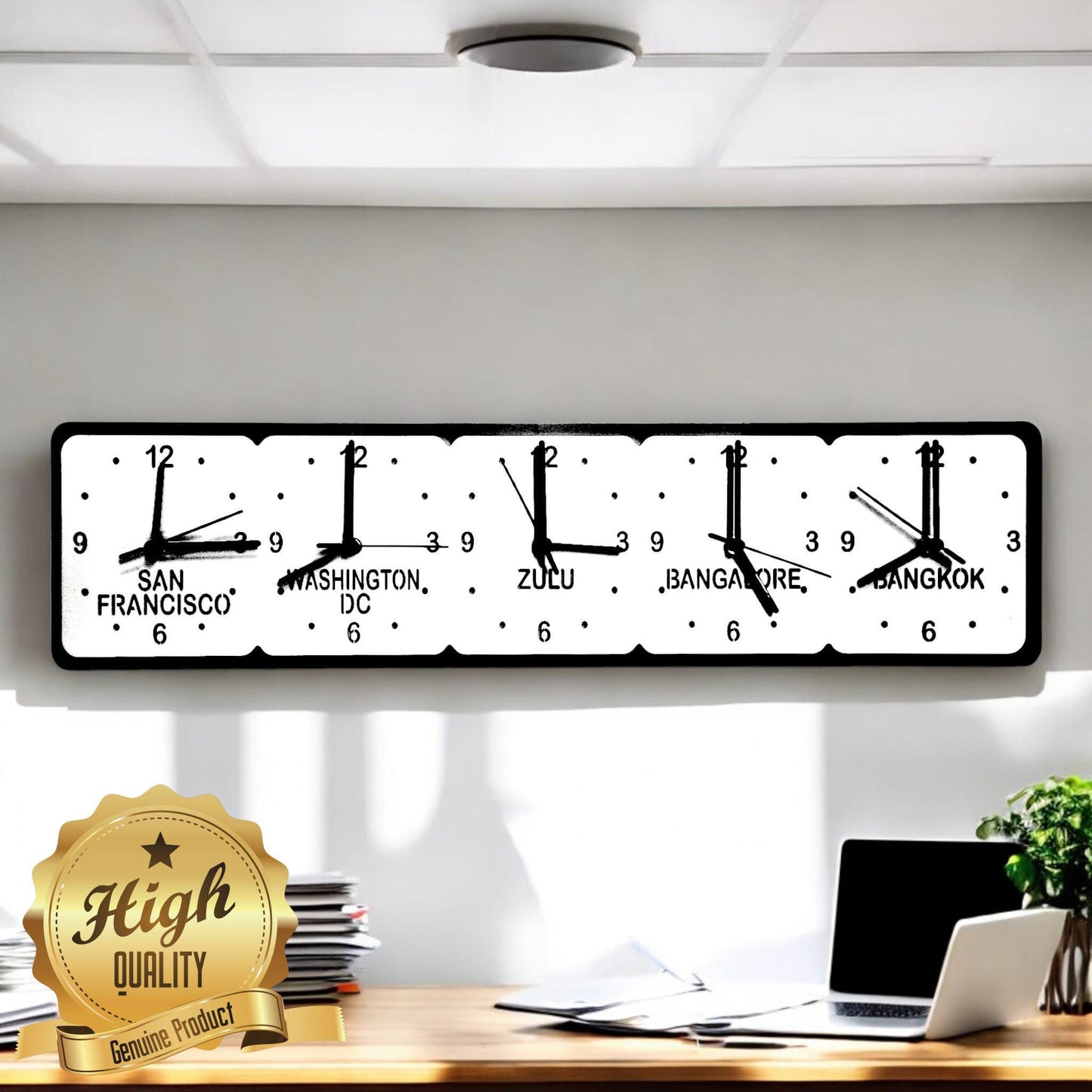 Custom Five Time Zone Clock: Black & White Family Name Wall Decor