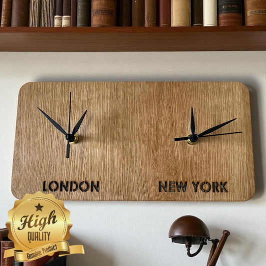 Custom Two Time Zone Clock: Personalized Wood Veneer Desk or Wall Clock