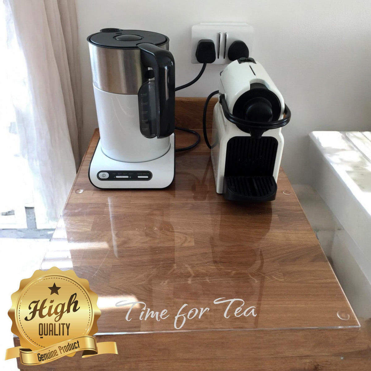 Clear rectangular acrylic table runner protecting a wooden surface, engraved with the script text "Time for Tea."