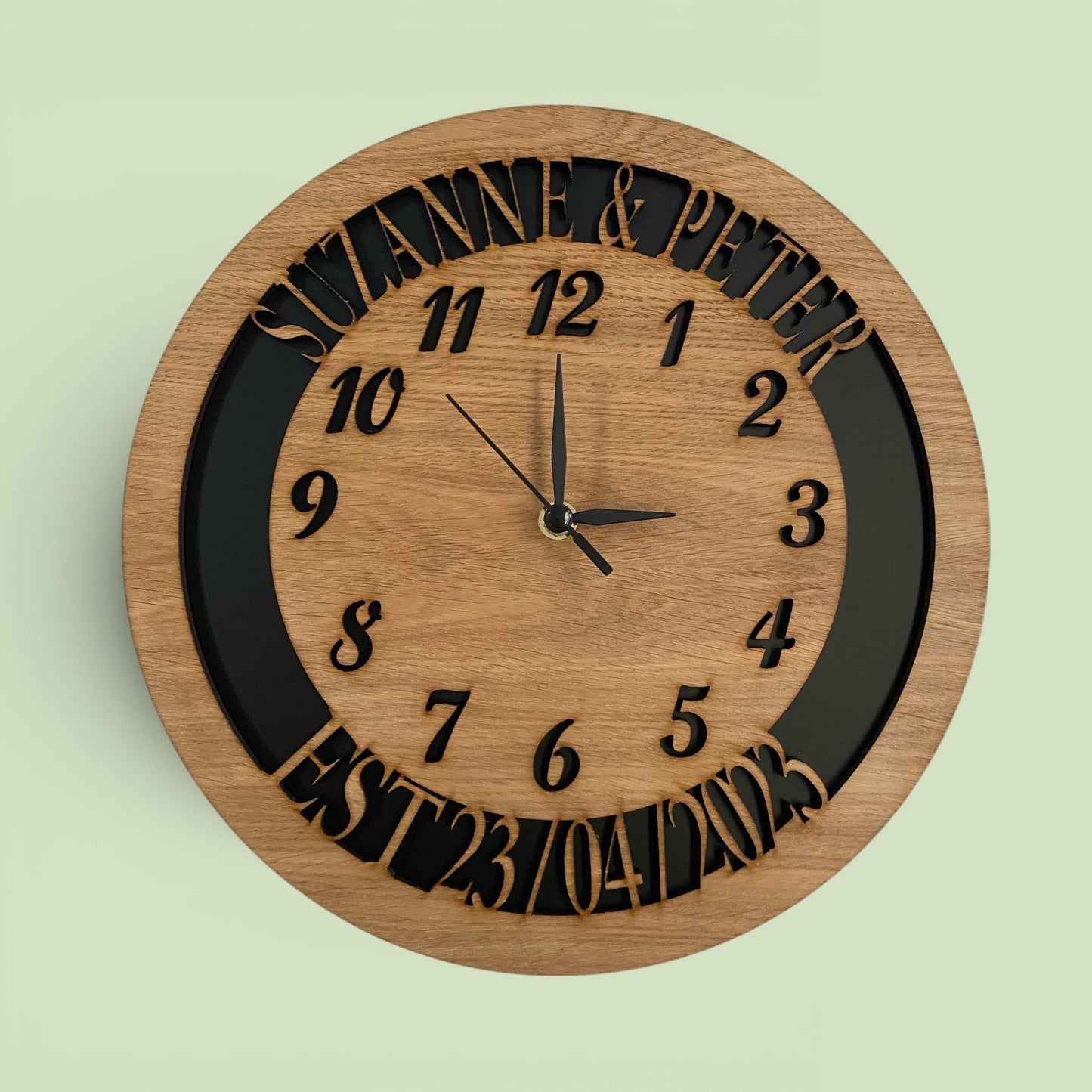 Custom, Wooden Round Clocks,  Silent Sweep, Wedding & Anniversary Names and Dates