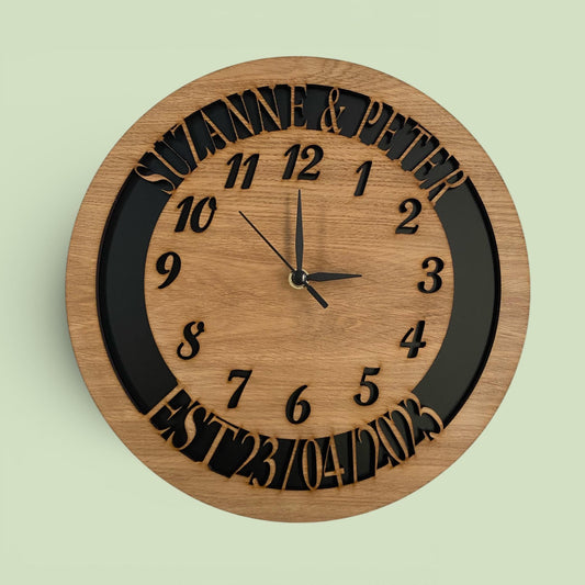 Custom, Wooden Round Clocks,  Silent Sweep, Wedding & Anniversary Names and Dates
