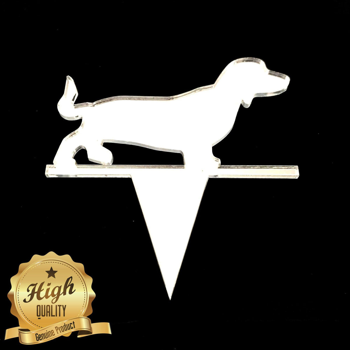 Clear acrylic Dachshund-shaped cake topper by SuperCoolCreations against a black background.