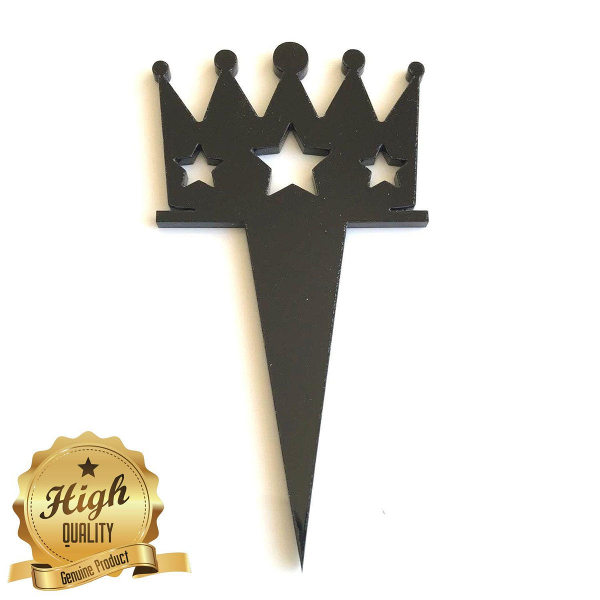 Black recycled plastic crown cake topper with three star cutouts and a single sharp stake.