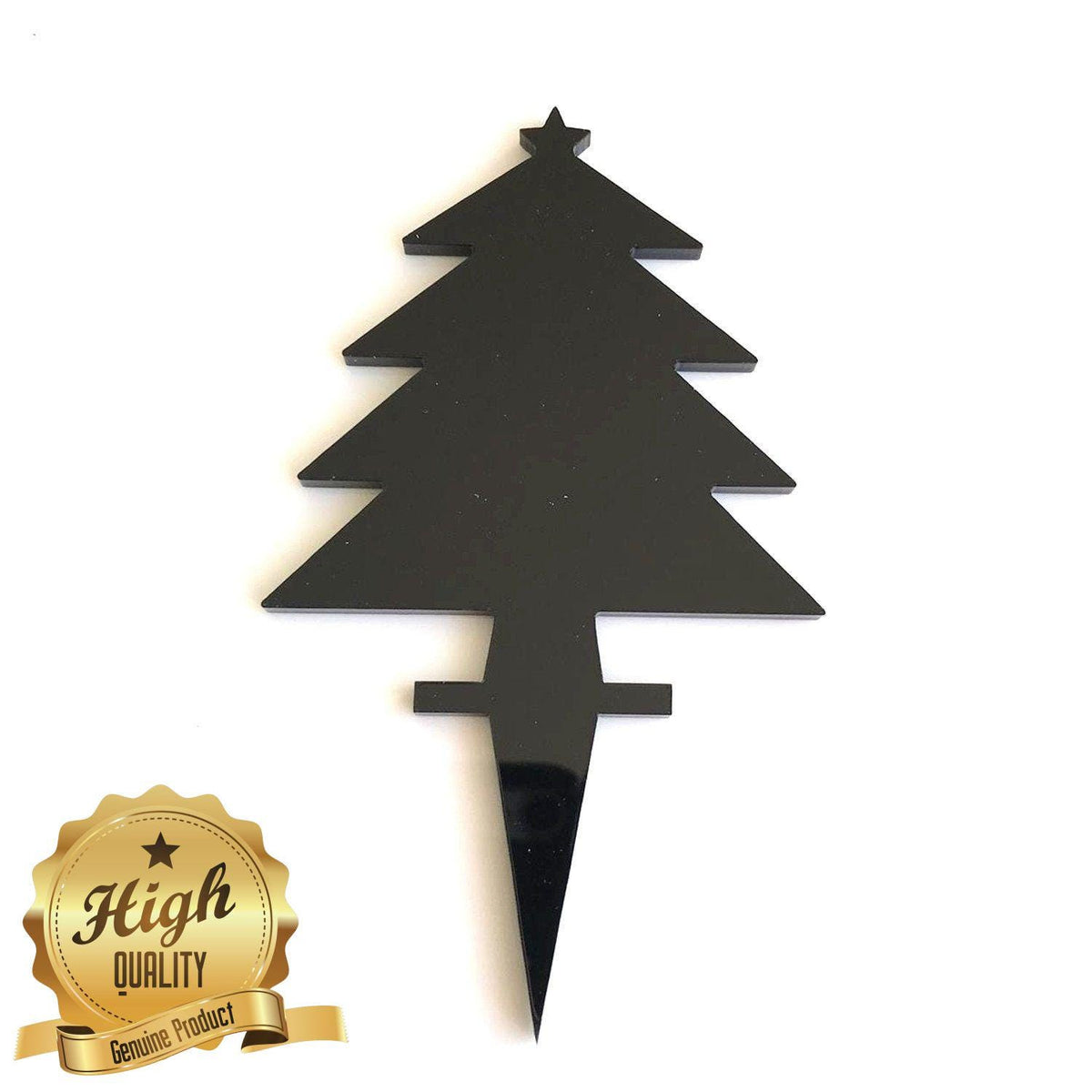 A black, minimalist Christmas tree-shaped cupcake topper made of recycled acrylic, featuring a star on top.
