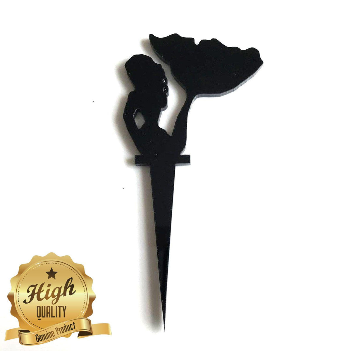 Black acrylic mermaid silhouette cake topper on a spike, featuring a decorative tail, isolated on white background.