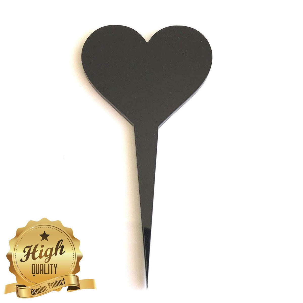 Glossy black heart-shaped cake topper on a pointed stake, isolated on white with a gold "High Quality" emblem.