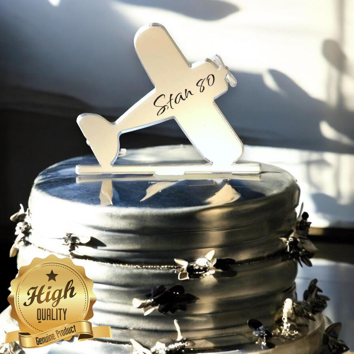 Silver mirror biplane cake topper engraved with "Stan 80" atop a silver-frosted cake.