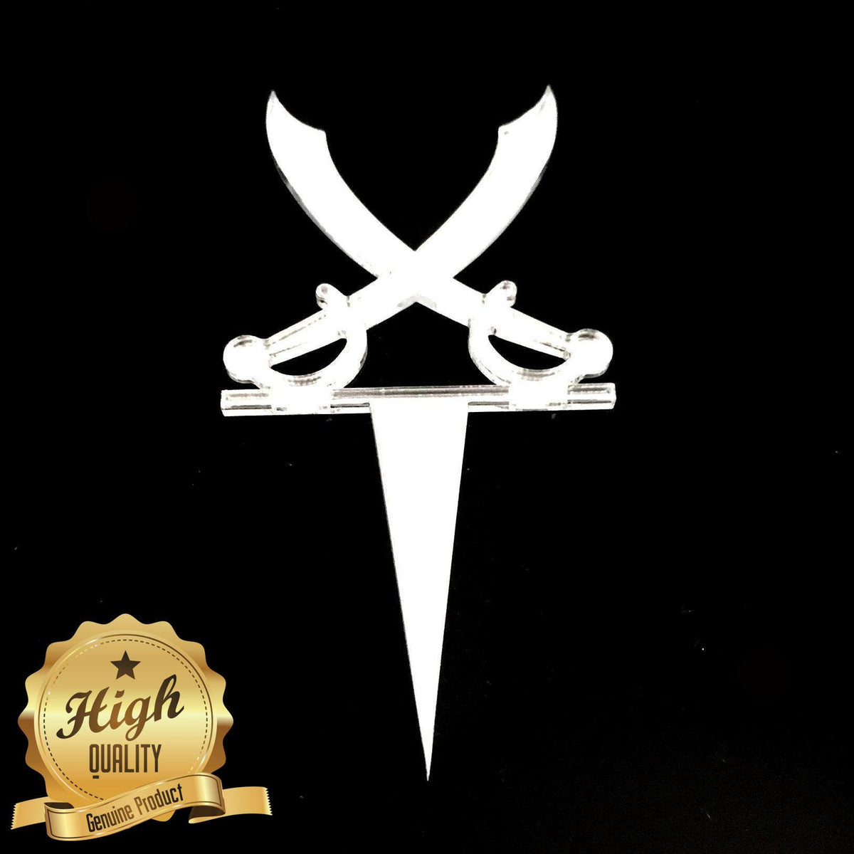 Clear acrylic pirate sword cake topper with crossed blades and a spike base on a black background.