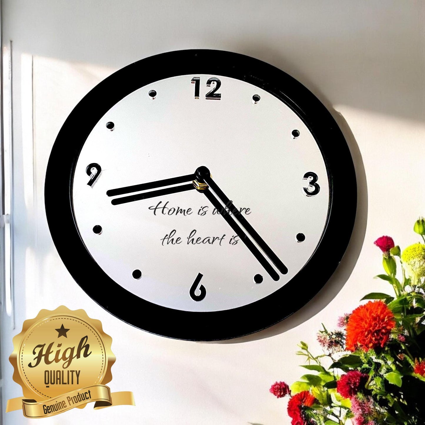 Two Colour Frame Mirrored Round Clocks - Silent Sweep Movement. Bespoke colours, sizes & engravings