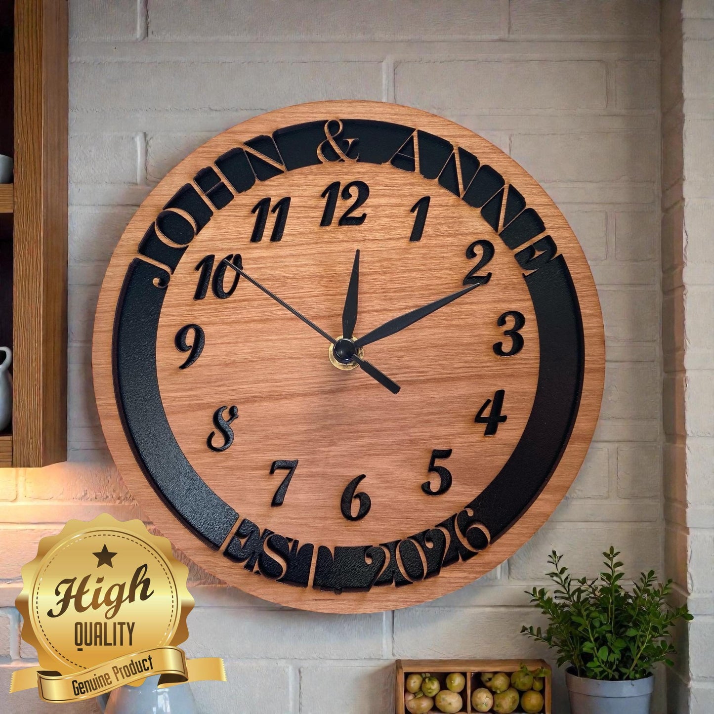 Custom, Wooden Round Clocks,  Silent Sweep, Wedding & Anniversary Names and Dates
