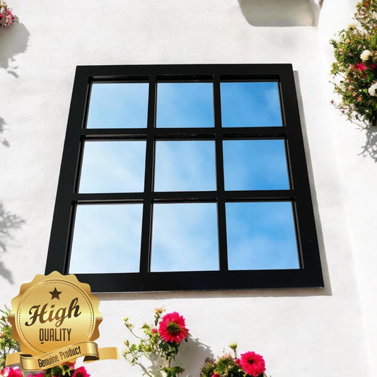 Square 9 panel Black Framed Garden Mirrors, Large Sizes, Engraving Services (Indoor & Outdoor Use)