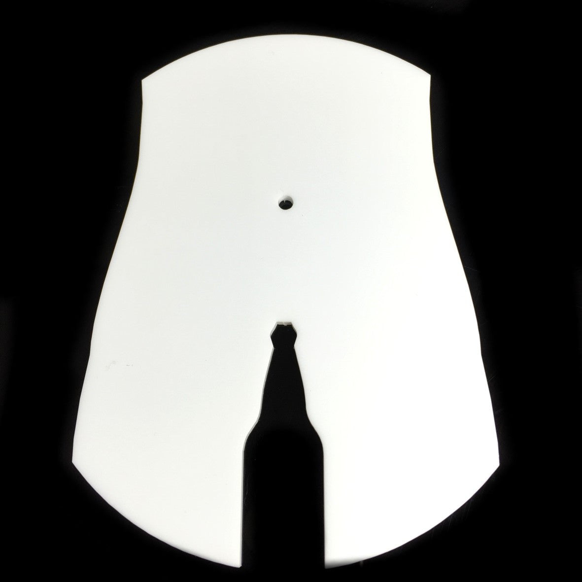 White curved shield mirror with a beer bottle cutout at the bottom and a small circular hole above.