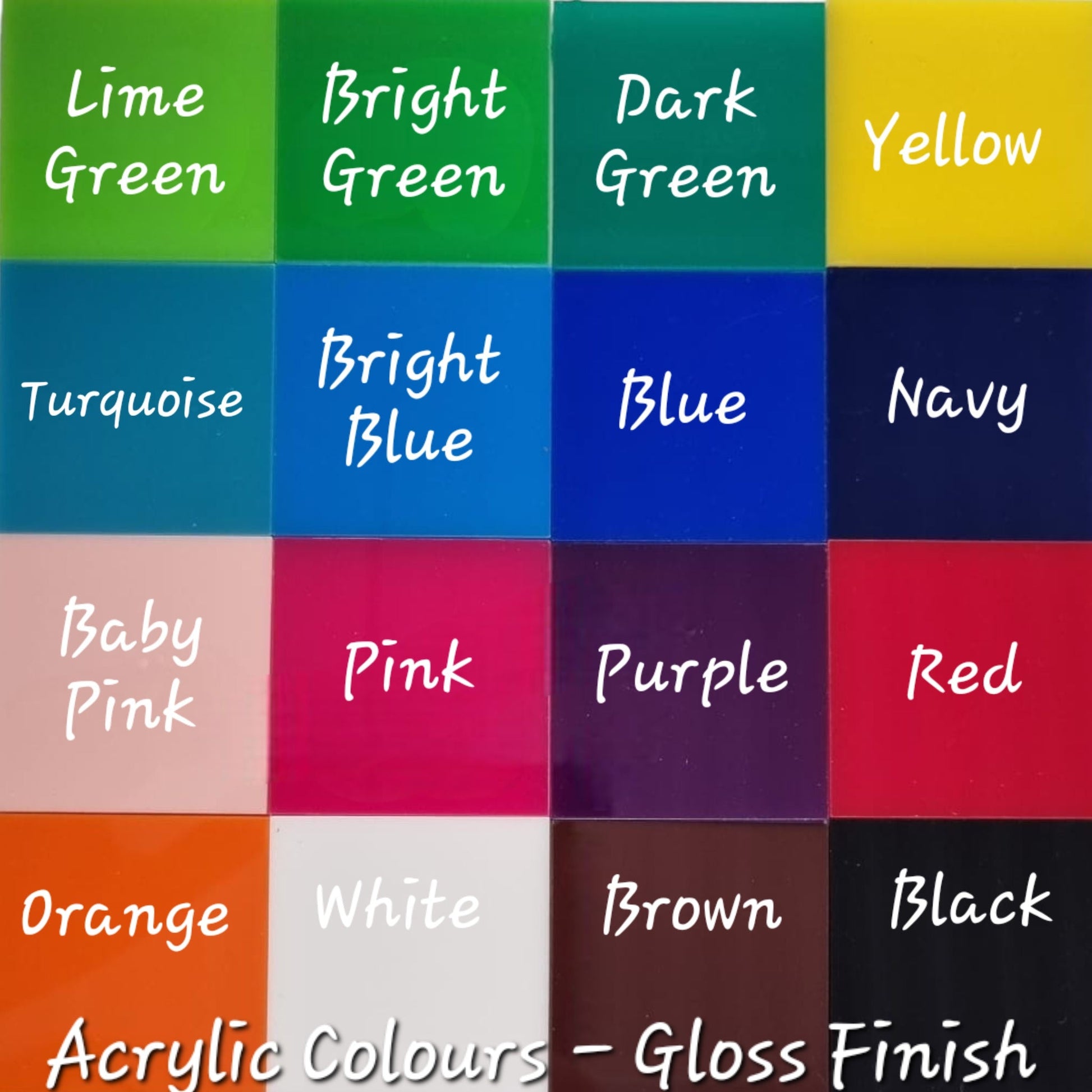 A grid of 16 glossy acrylic color samples, each labeled with its color name, ranging from green and blue to pink and black.