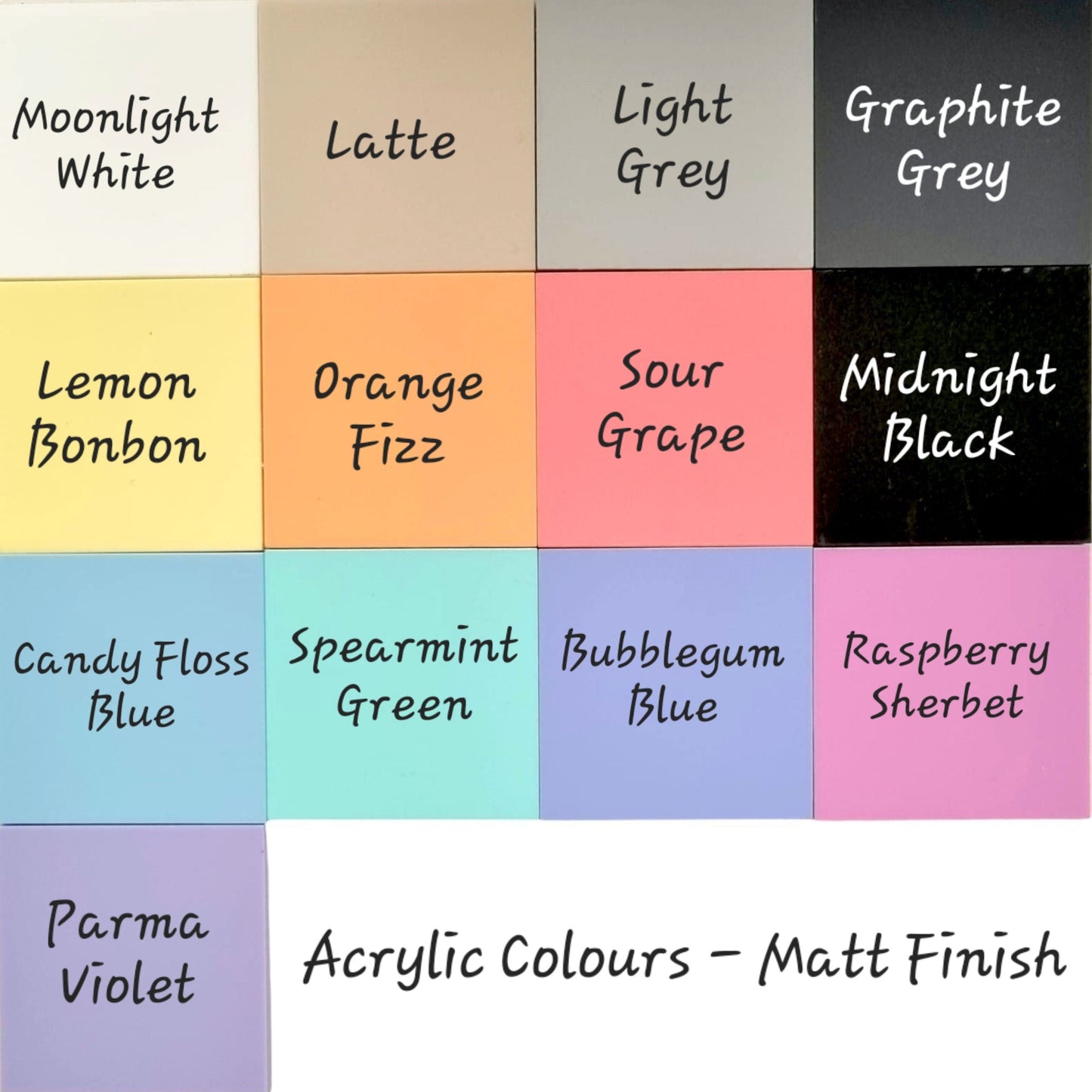 A chart showing thirteen acrylic color options with a matt finish for the Highland Dancer Mirror.