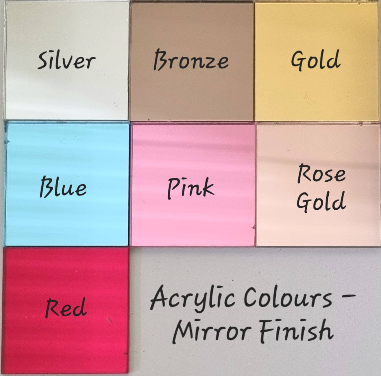 Swatch samples of square wave acrylic mirrors in silver, bronze, gold, blue, pink, rose gold, and red.