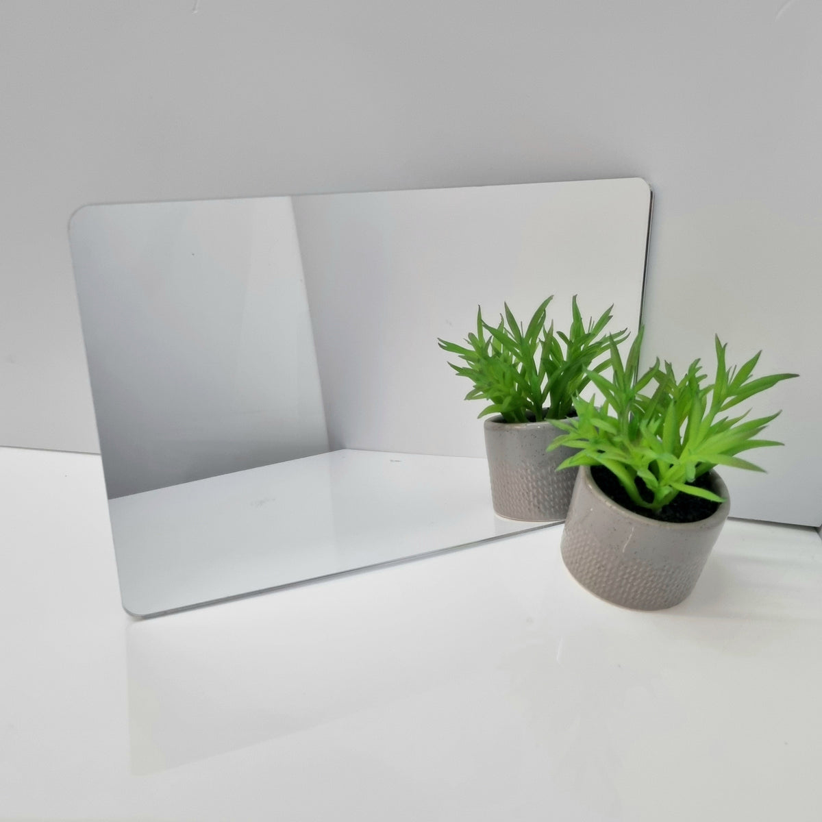 Rounded rectangular mirror on a white surface with a small potted green plant in front of it.