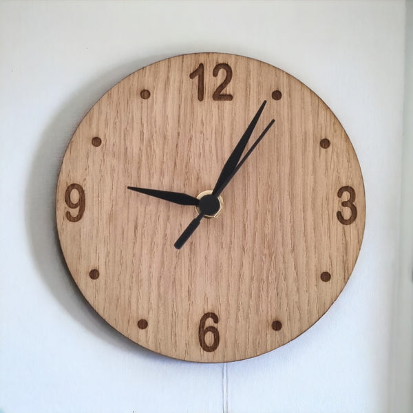Wooden Round Clocks - Silent Sweep Movement, Custom Engraving, Different Colour Hands/Woods, in Many Sizes.