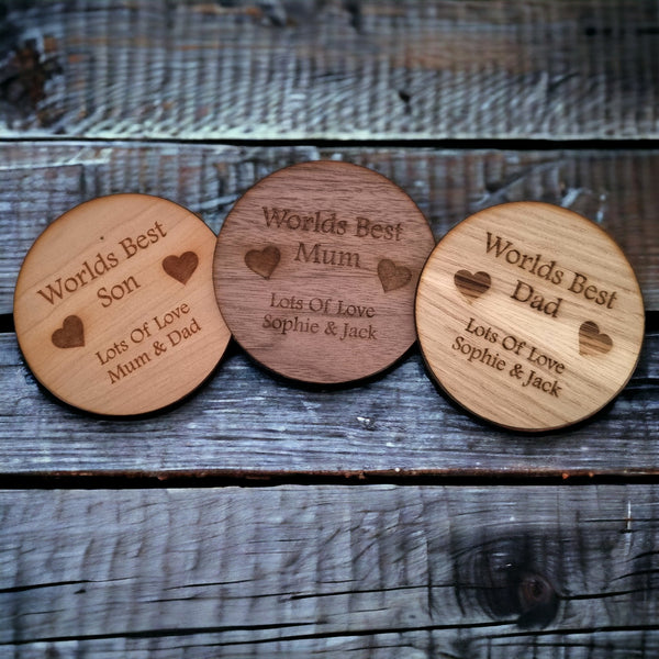 Round Wooden Finish Coasters, Sets of 4, 6 or 8 (12cm 4.5"), Customised Engraving, Wood Colour Options.